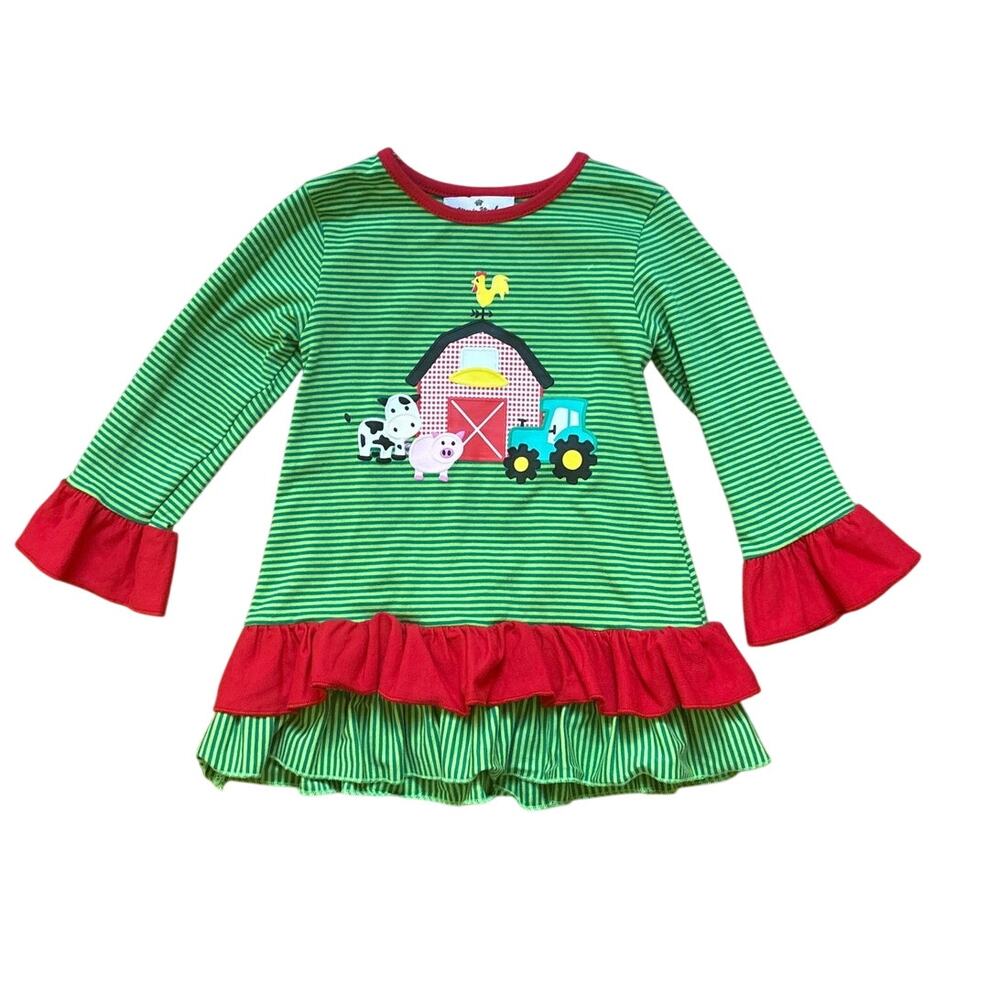 Marie Nicole green striped farm animal ruffle long sleeve dress SIZE 18-24